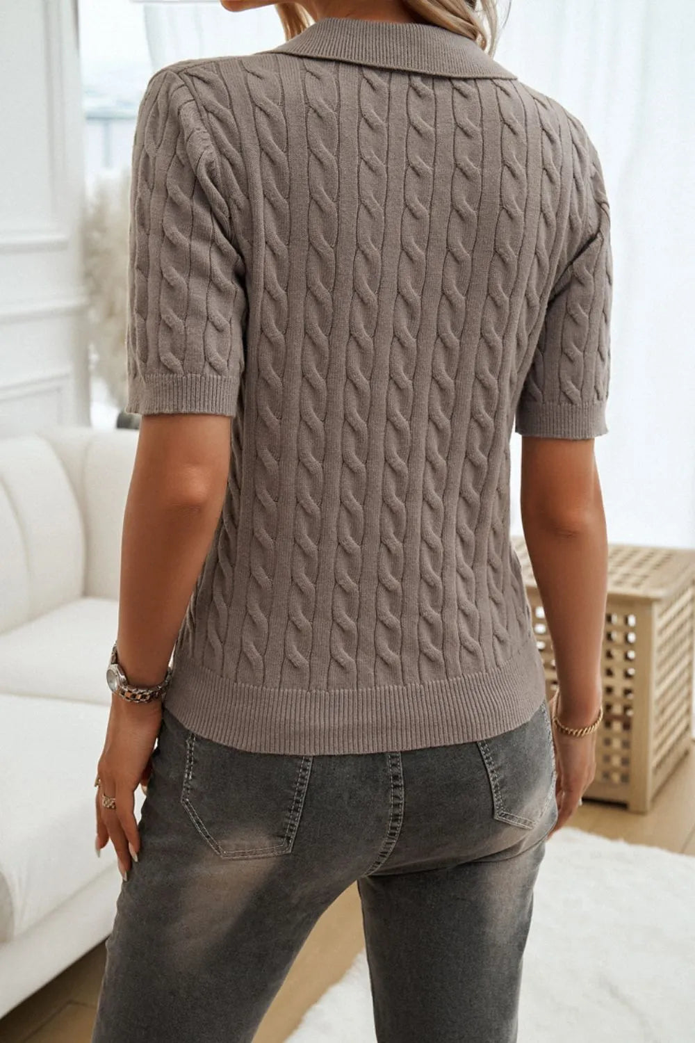 Cable-Knit Short Sleeve Sweater - Wellen Fashion