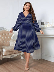 Honey Melo Apparel Plus Size Striped Surplice Neck Long Sleeve Dress - Wellen Fashion