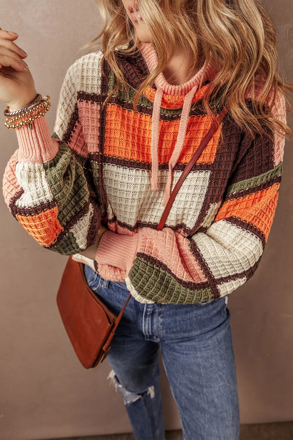 Drawstring Color Block Long Sleeve Sweater - Wellen Fashion