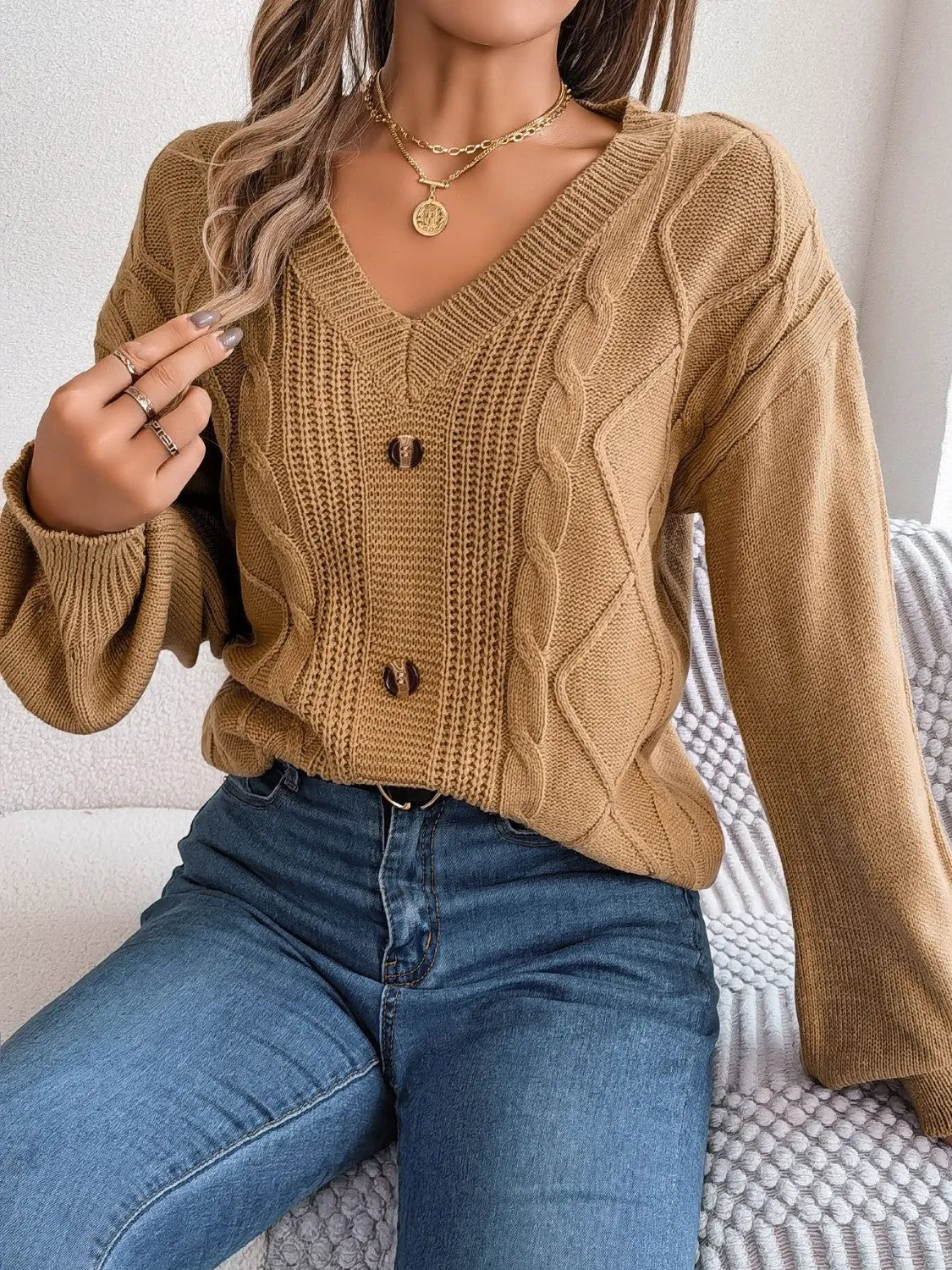 Cable-Knit Buttoned V-Neck Sweater - Wellen Fashion