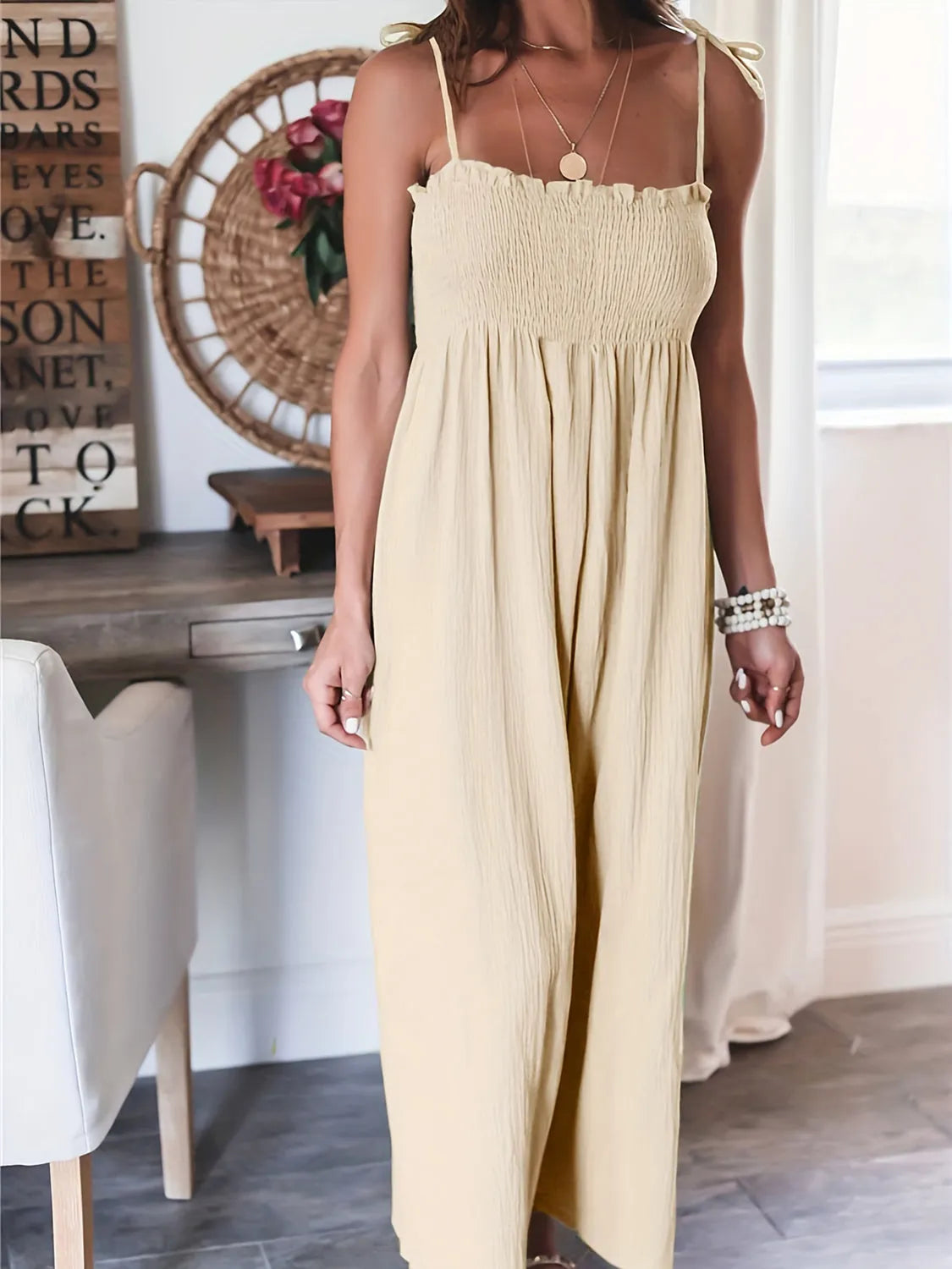 Full Size Smocked Spaghetti Strap Wide Leg Jumpsuit - Wellen Fashion