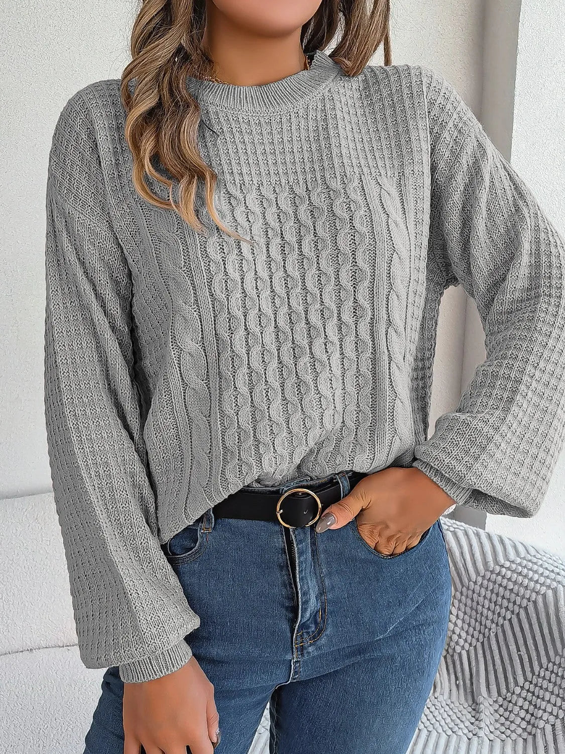 Cable-Knit Round Neck Long Sleeve Sweater - Wellen Fashion