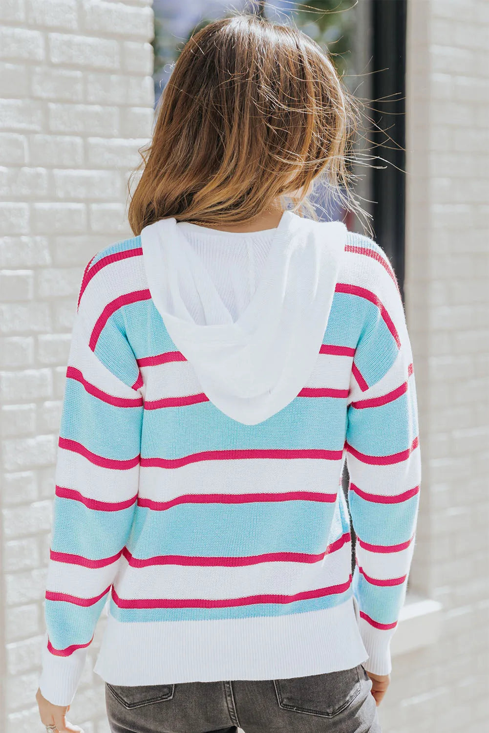 Striped Drawstring Hooded Sweater - Wellen Fashion