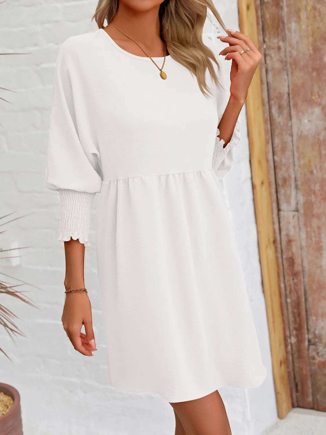 Round Neck Lantern Sleeve Mini Dress - Wellen Fashion