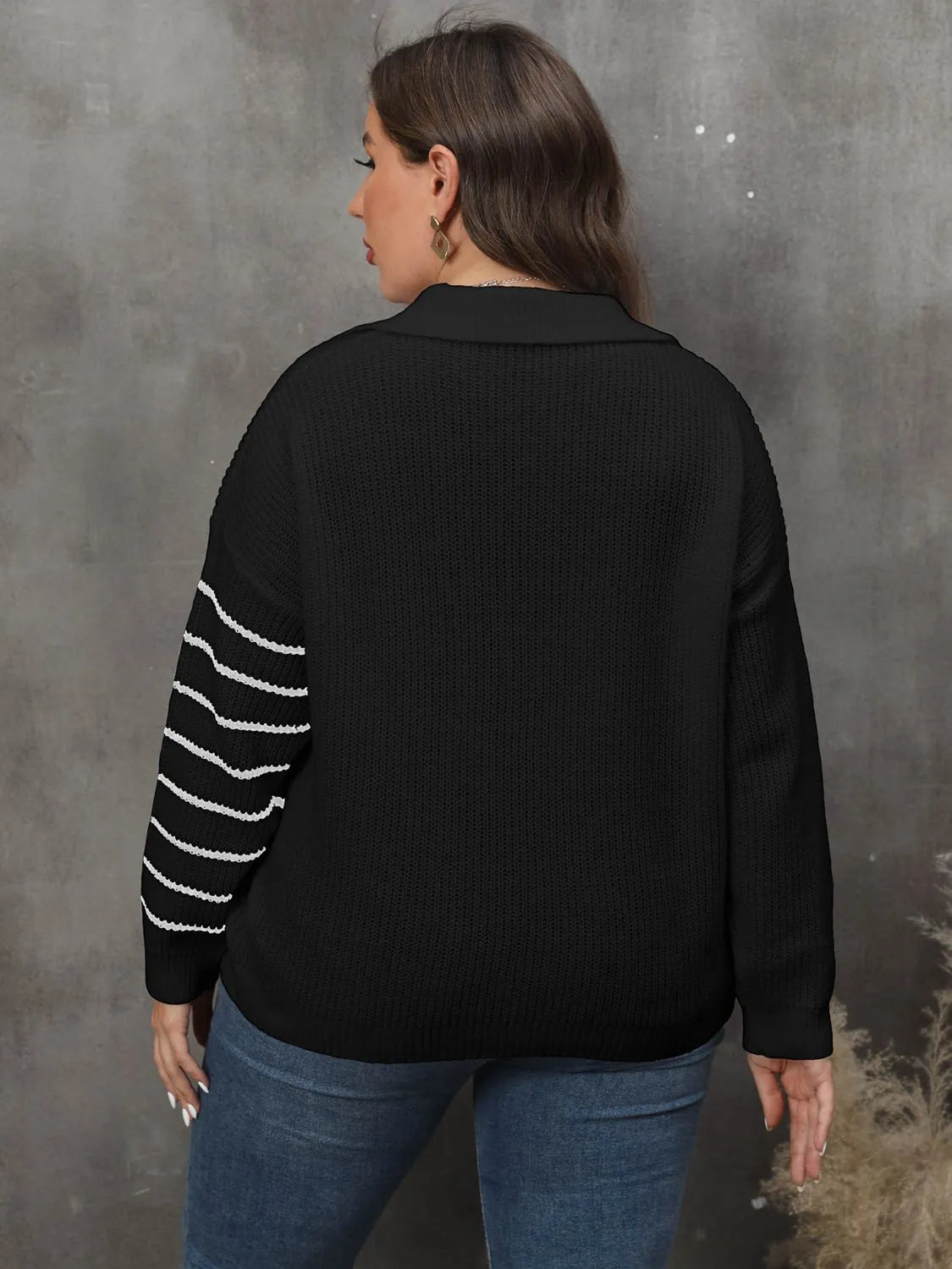 Plus Size Striped V-Neck Sweater - Wellen Fashion