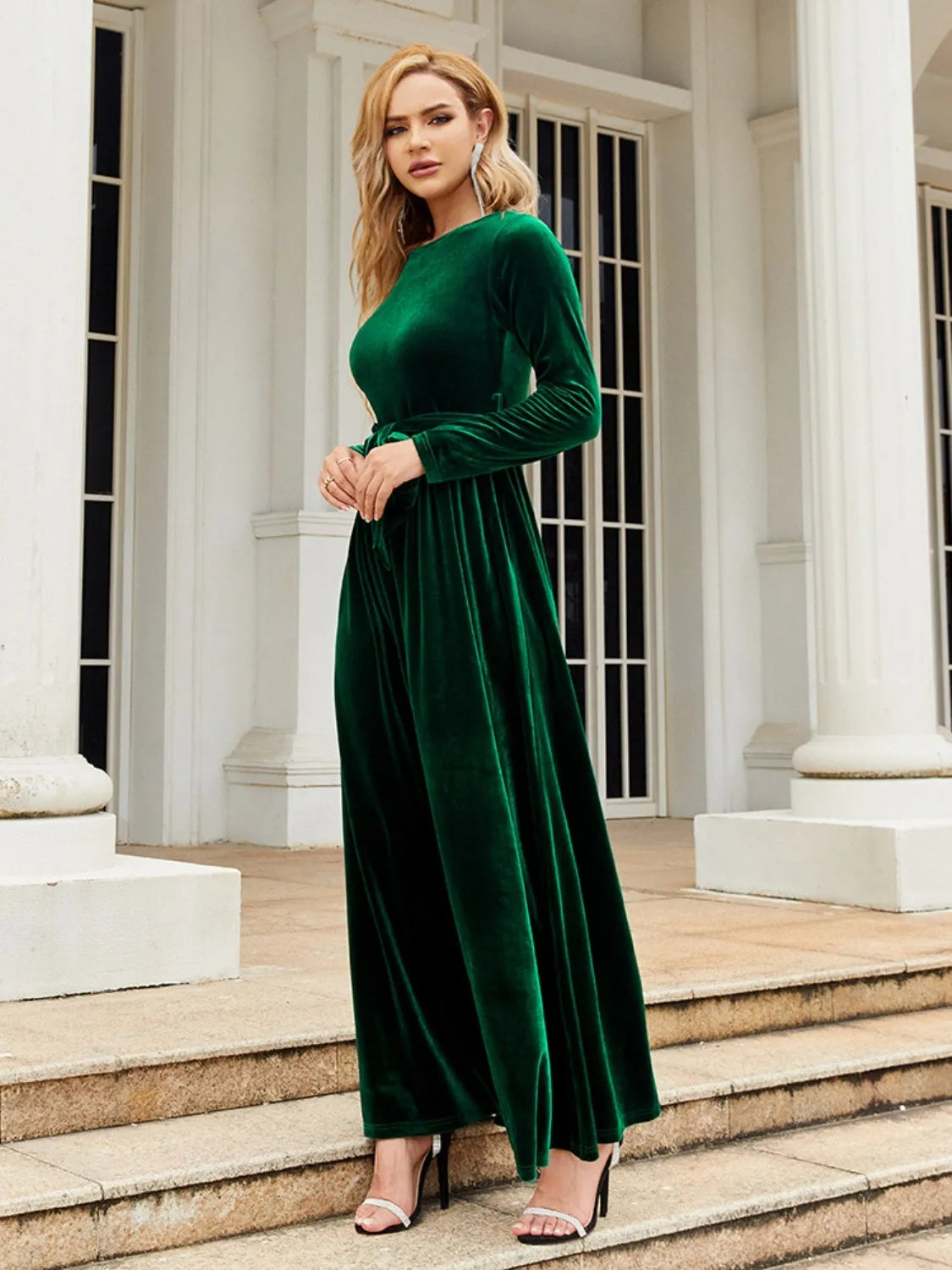 Tie Front Round Neck Long Sleeve Maxi Dress - Wellen Fashion