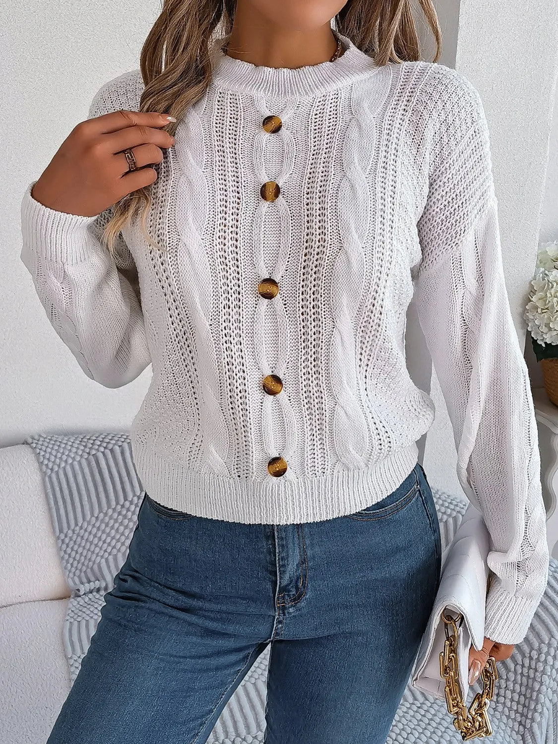 Cable-Knit Buttoned Round Neck Sweater - Wellen Fashion