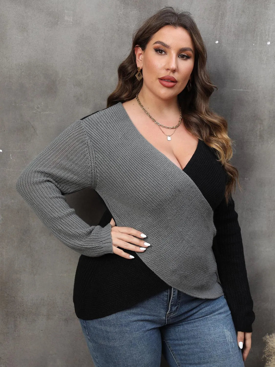 Plus Size Two-Tone Surplice Neck Sweater - Wellen Fashion