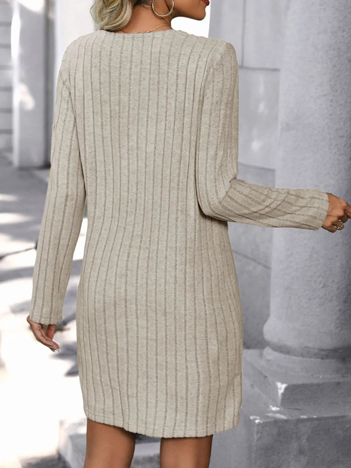 V-Neck Long Sleeve Knit Dress - Wellen Fashion