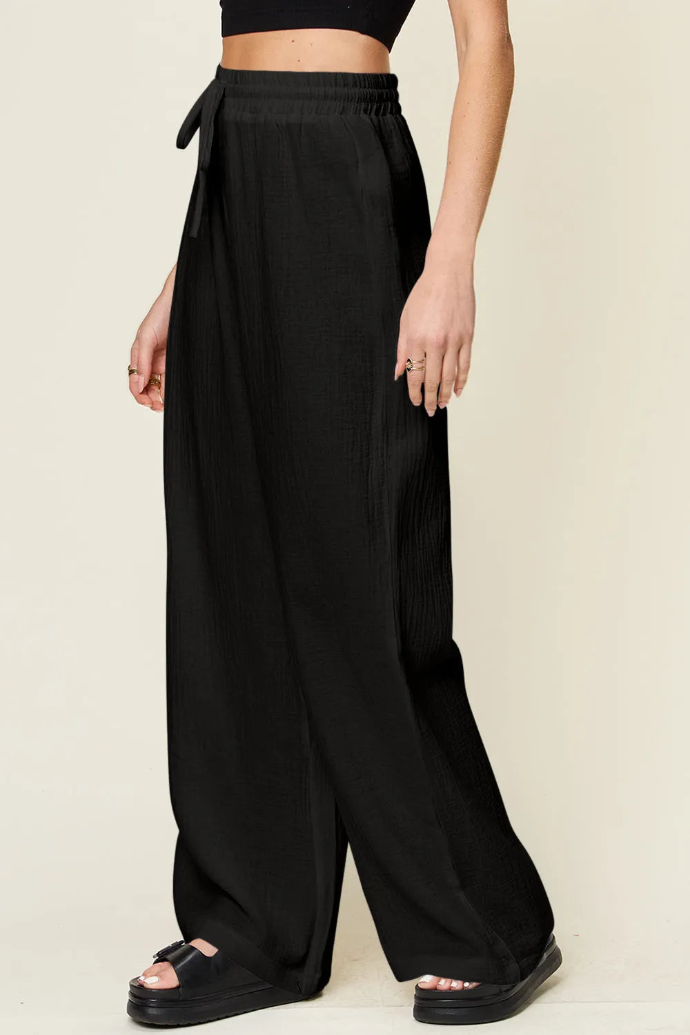 Double Take Full Size Texture Drawstring Wide Leg Pants - Wellen Fashion