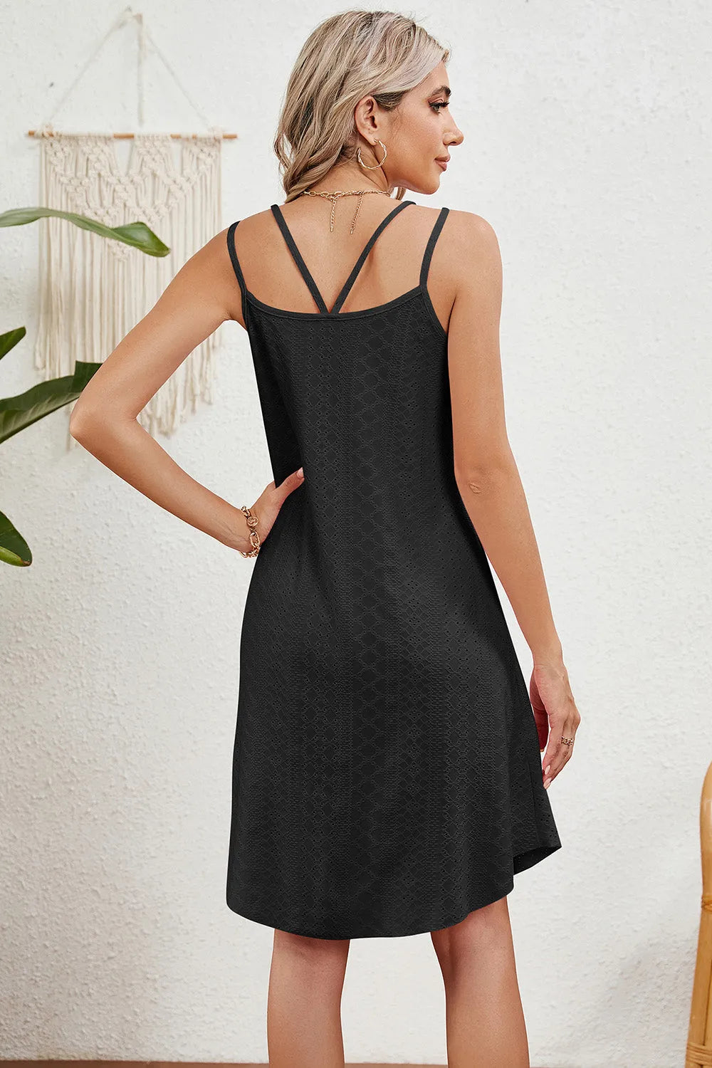 Eyelet Scoop Neck Double Strap Dress - Wellen Fashion