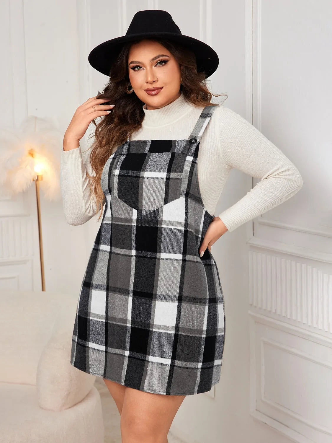 Honey Plus Size Plaid Wide Strap Overall Dress - Wellen Fashion