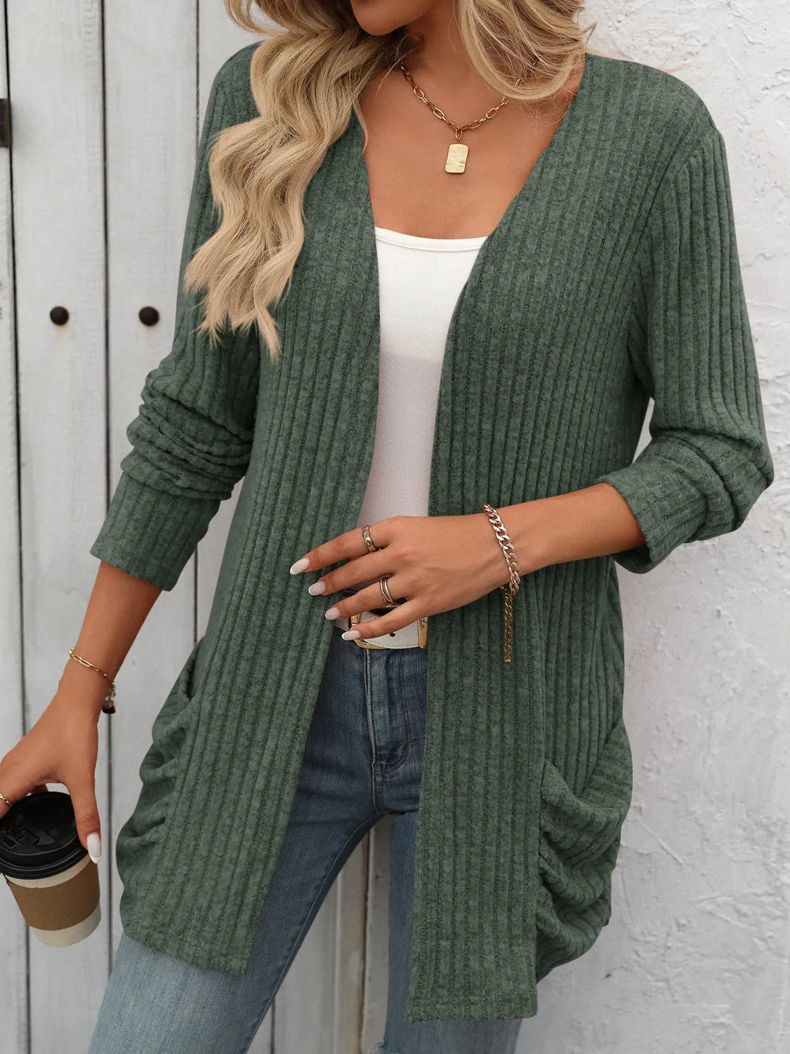 Open Front Long Sleeve Ribbed Cardigan - Wellen Fashion