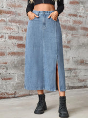 Slit High Waist Denim Skirt with Pockets - Wellen Fashion