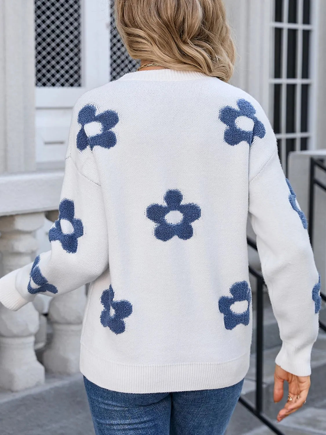 Flower Round Neck Long Sleeve Sweater - Wellen Fashion