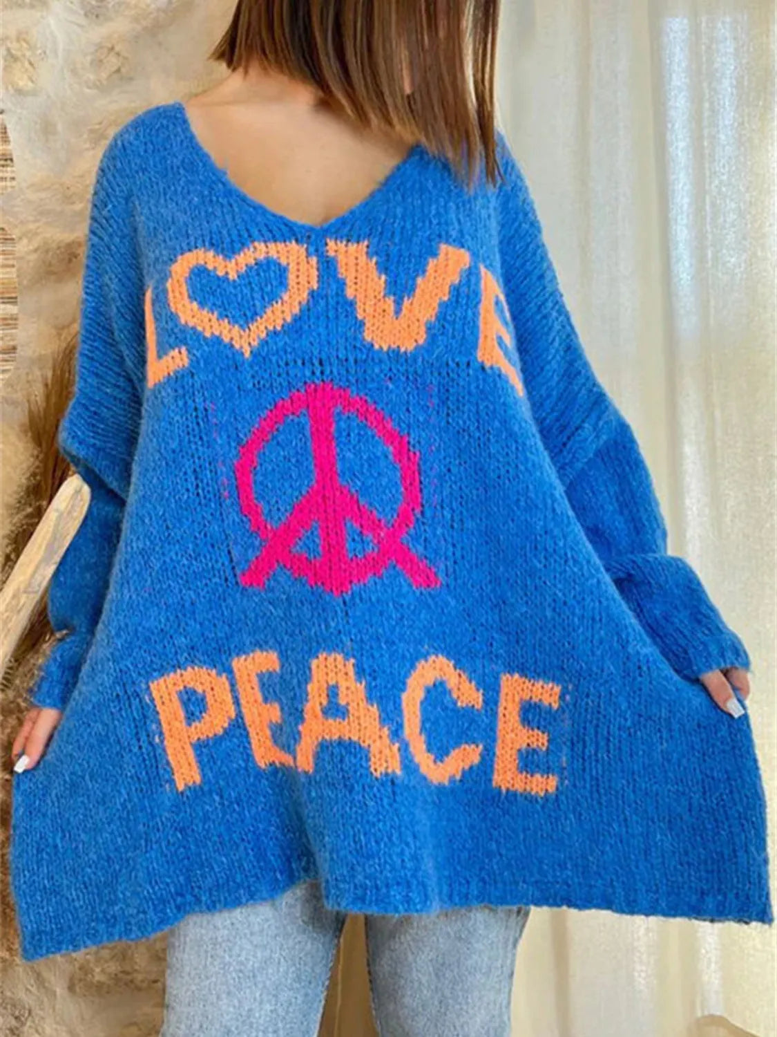 Peace Graphic V-Neck Long Sleeve Sweater - Wellen Fashion