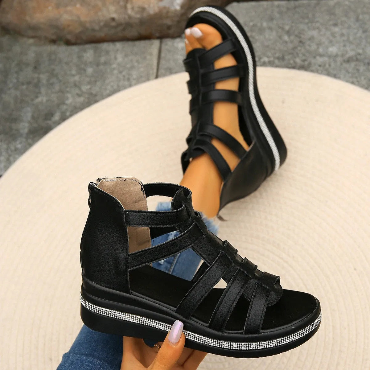 Cutout Rhinestone Trim Wedge Sandals - Wellen Fashion