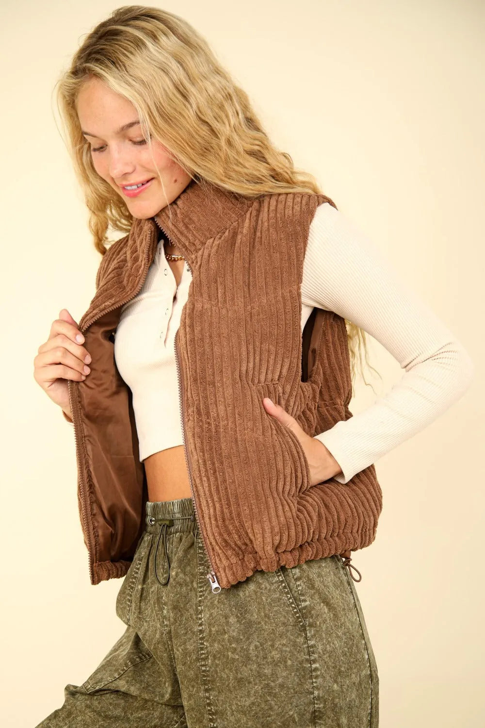 VERY J Zip Up Padded Corduroy Puffer Vest - Wellen Fashion