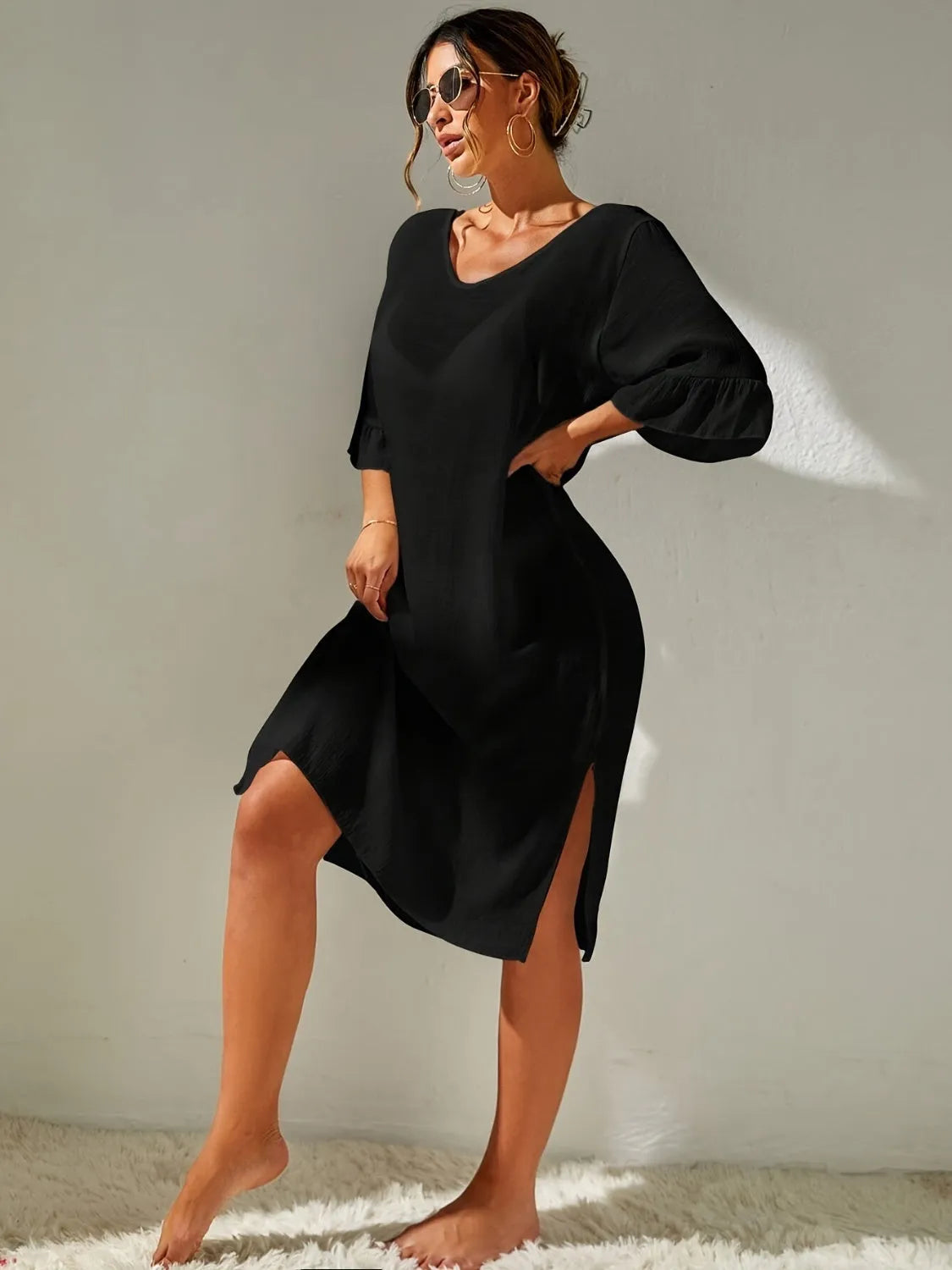 Slit V-Neck Flounce Sleeve Cover-Up - Wellen Fashion