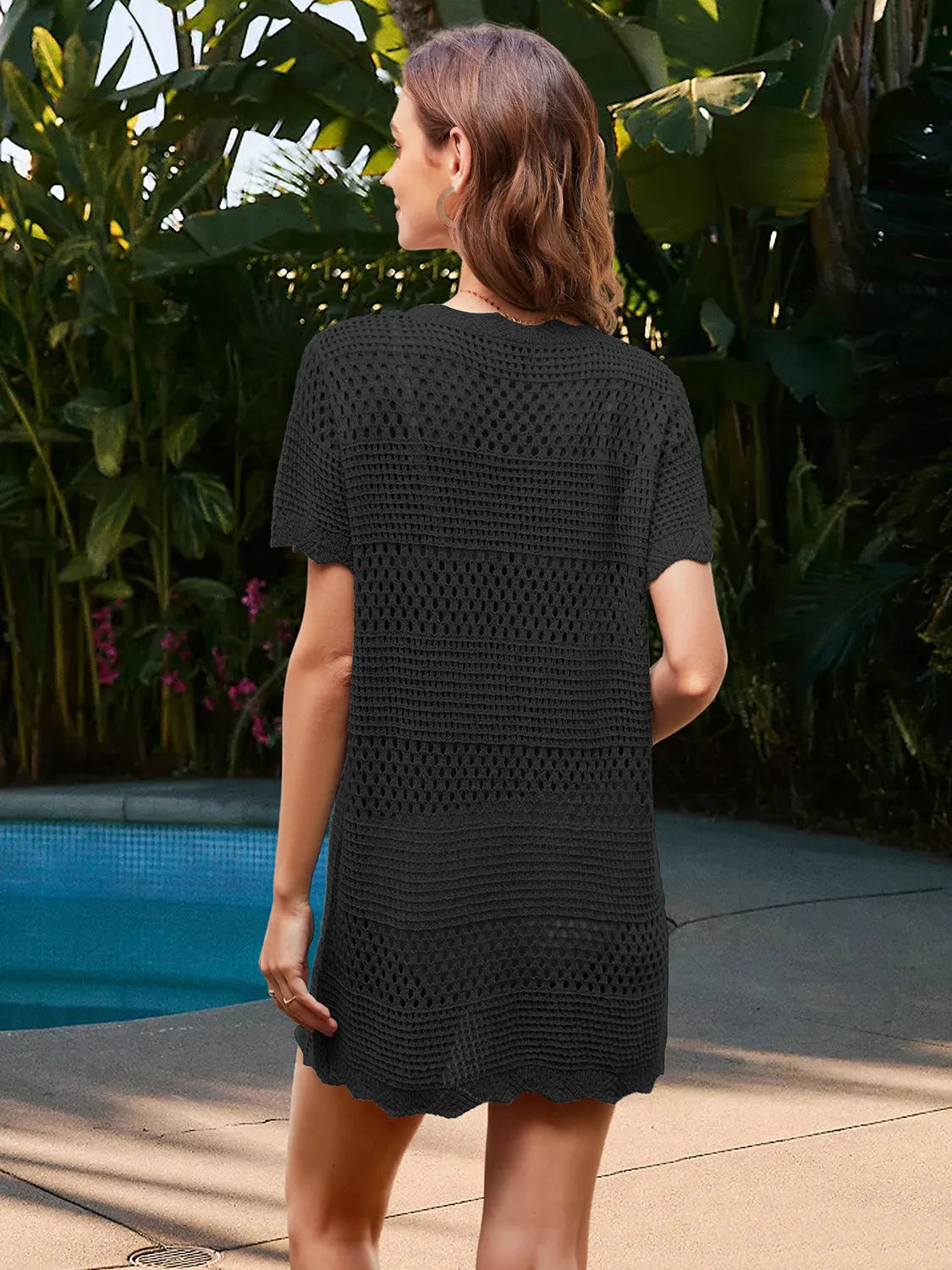 Openwork Round Neck Short Sleeve Cover-UP - Wellen Fashion