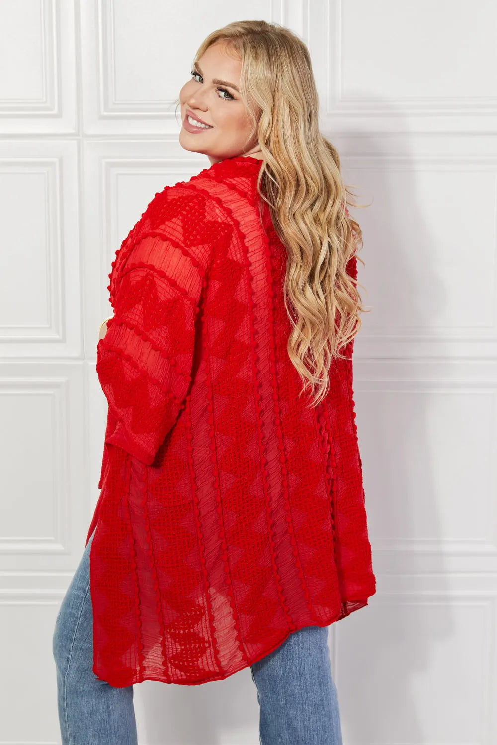 Justin Taylor Pom-Pom Asymmetrical Poncho Cardigan in Red - Wellen Fashion