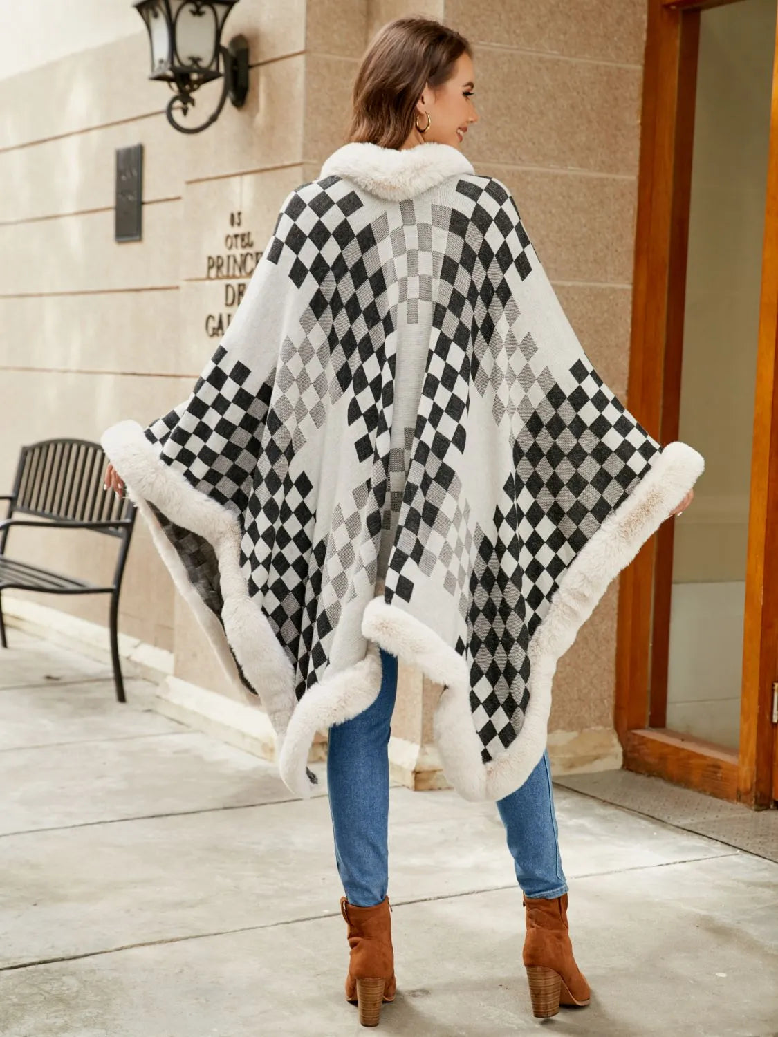 Checkered Faux Fur Trim Poncho - Wellen Fashion