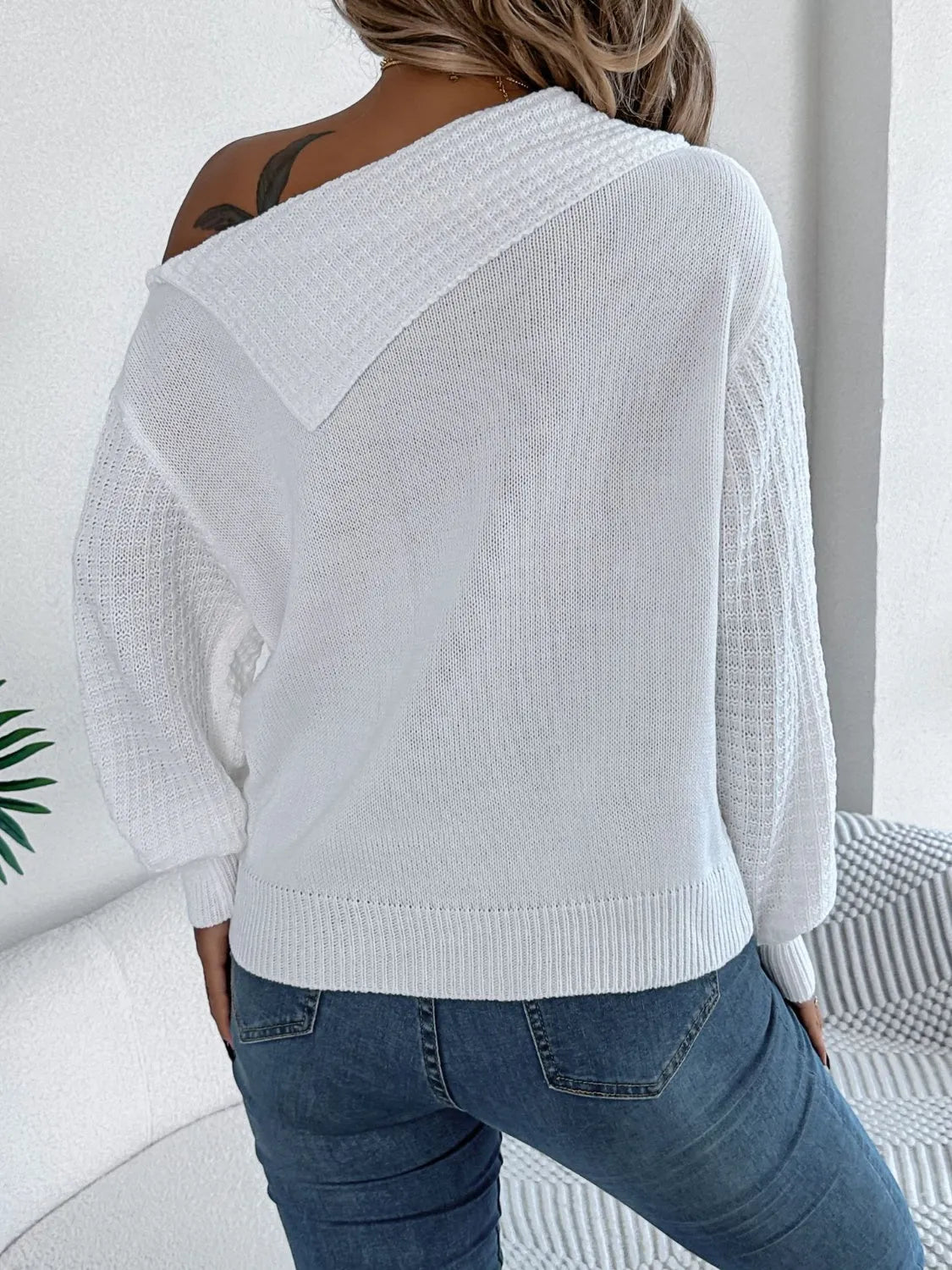 Cable-Knit One Shoulder Long Sleeve Sweater - Wellen Fashion