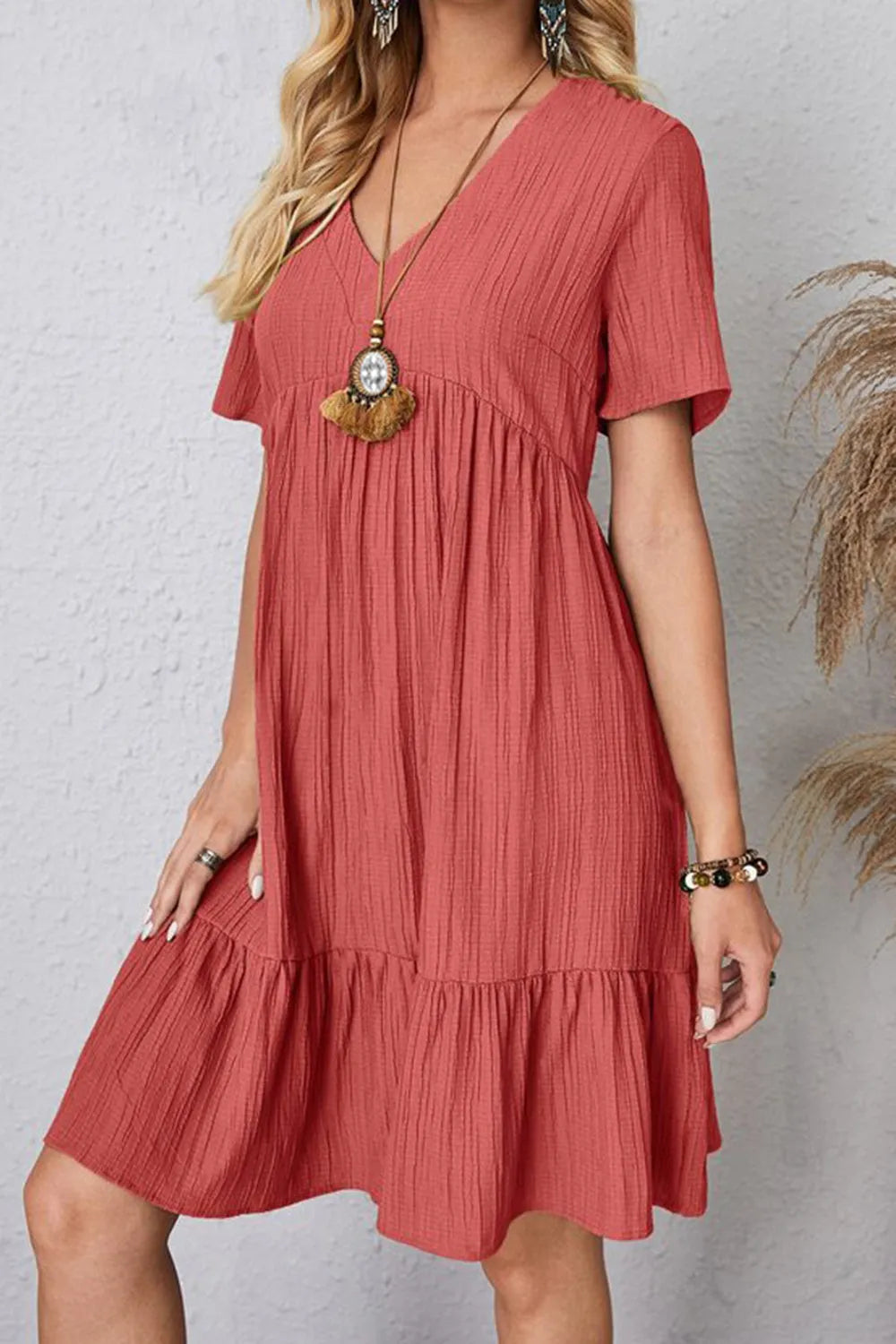 Full Size Ruched V-Neck Short Sleeve Dress - Wellen Fashion