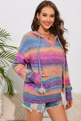 Multicolor Dropped Shoulder Hooded Sweater - Wellen Fashion