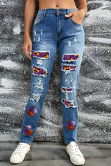 Distressed Sequin Pumpkin Jeans - Wellen Fashion