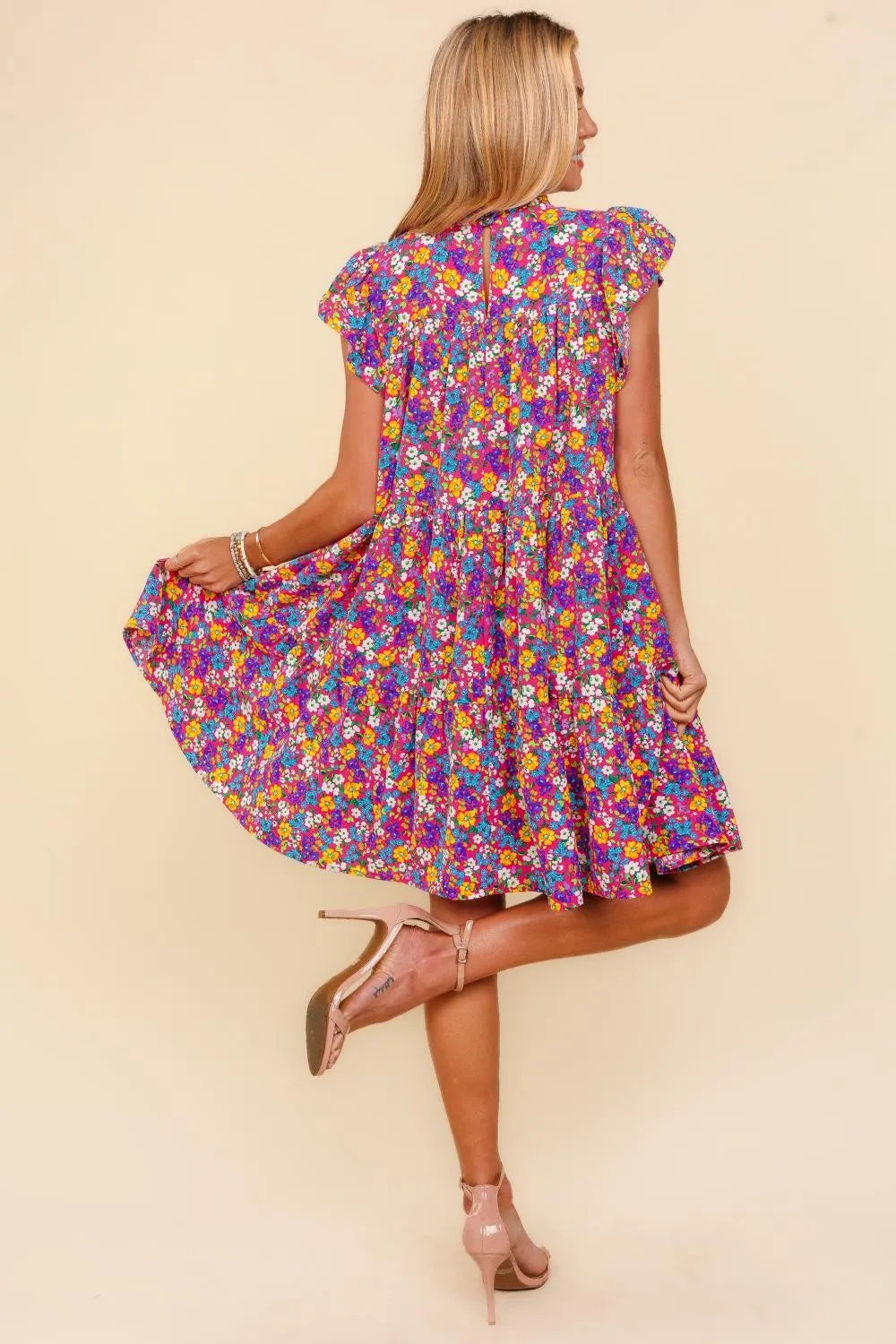 Haptics Frilled Mock Neck Ditsy Floral Dress - Wellen Fashion