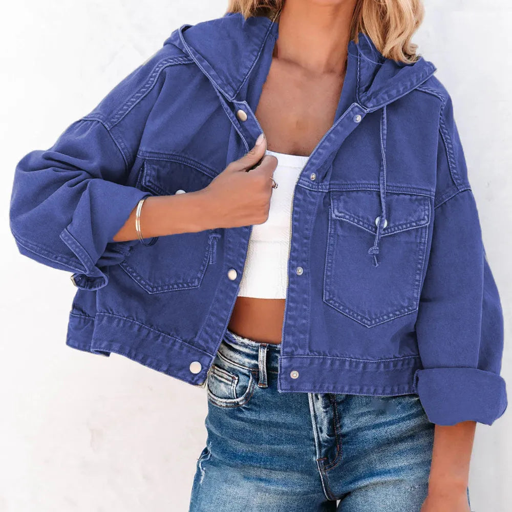 Hooded Dropped Shoulder Denim Jacket - Wellen Fashion