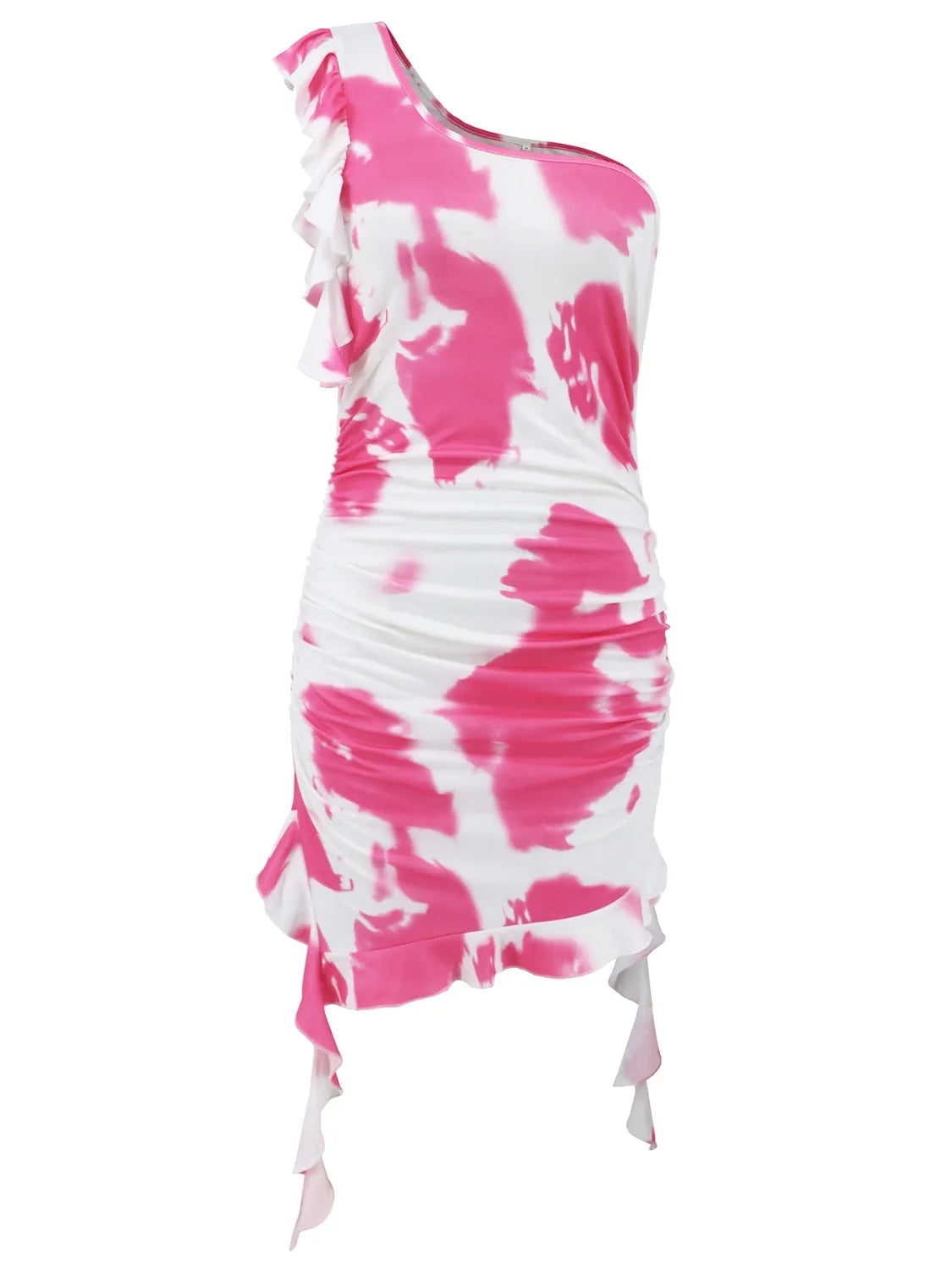 Ruffled Tie-Dye Single Shoulder Mini Dress - Wellen Fashion