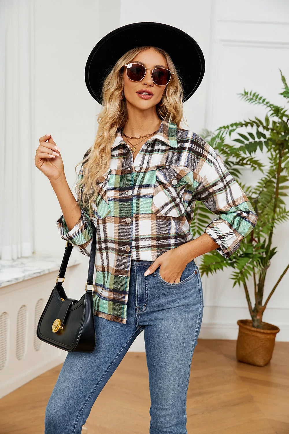 Collared Plaid Shacket - Wellen Fashion