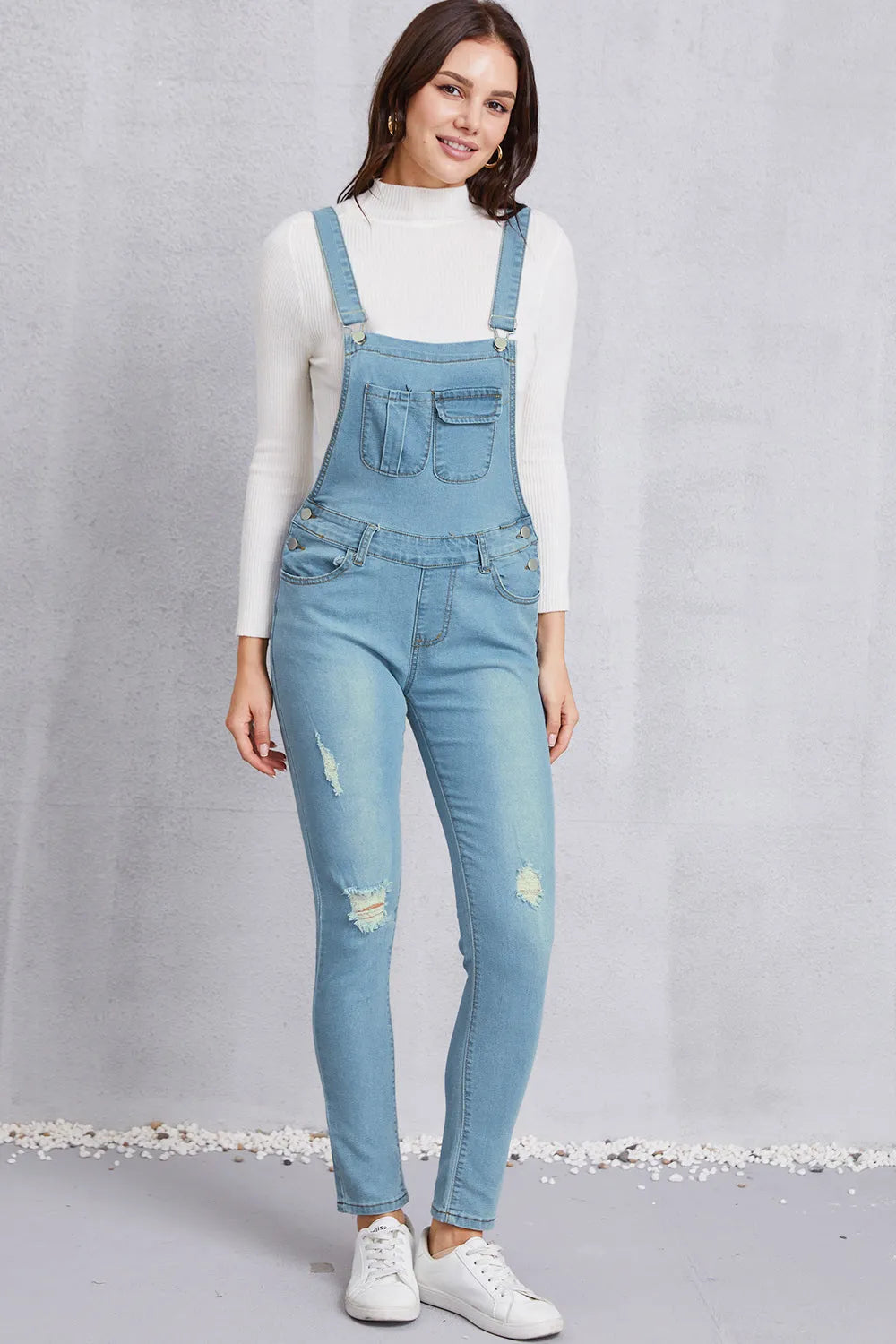 Distressed Washed Denim Overalls with Pockets - Wellen Fashion