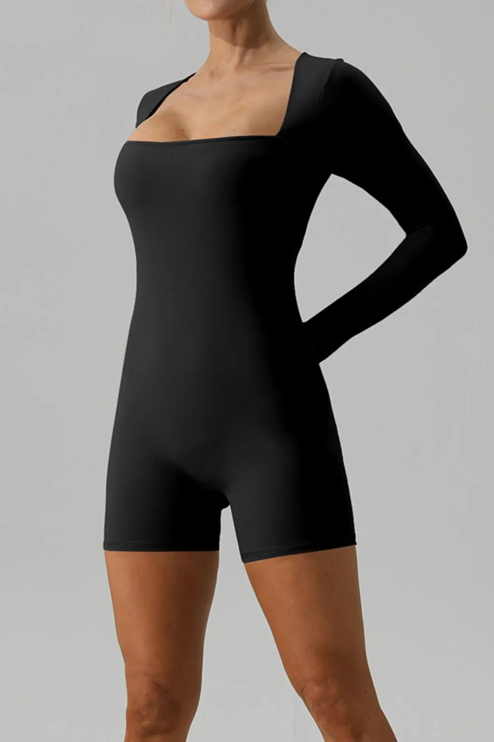 Square Neck Long Sleeve Active Romper - Wellen Fashion