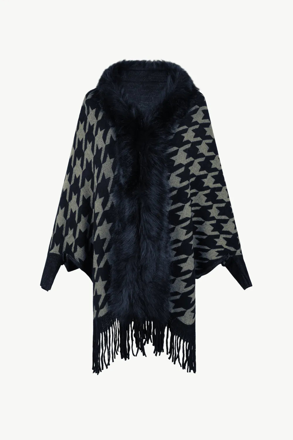 Houndstooth Fringe Hem Poncho - Wellen Fashion