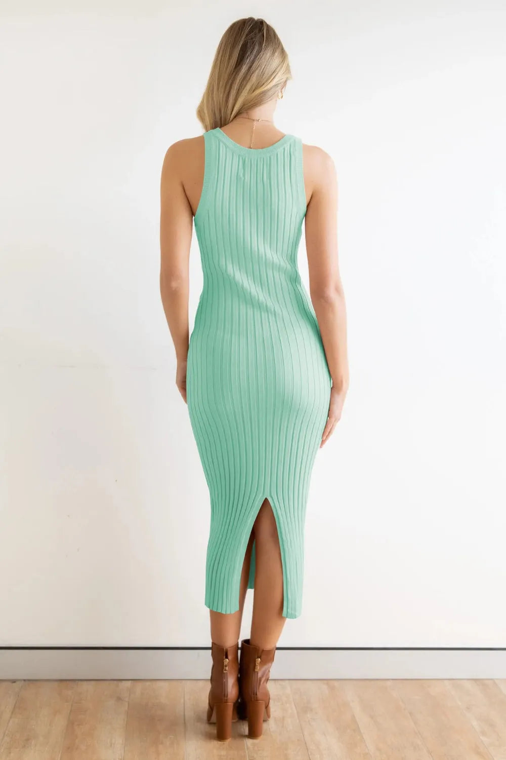 Slit Ribbed Round Neck Sleeveless Dress - Wellen Fashion