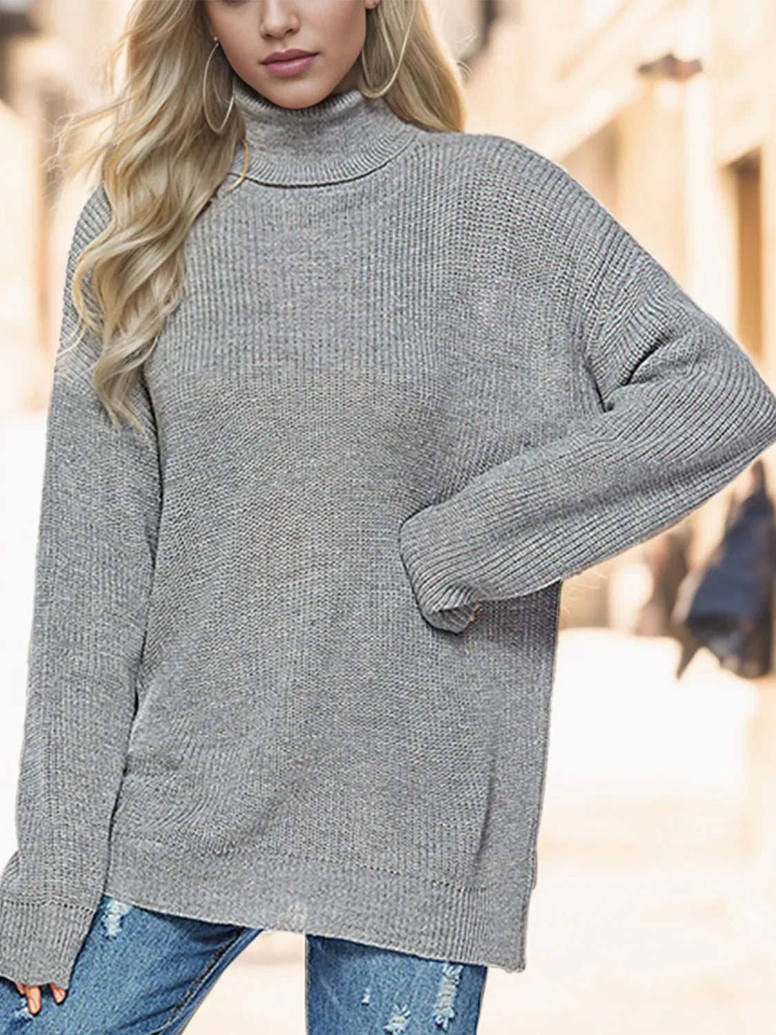 Turtleneck Drop Shoulder Long Sleeve Sweater - Wellen Fashion