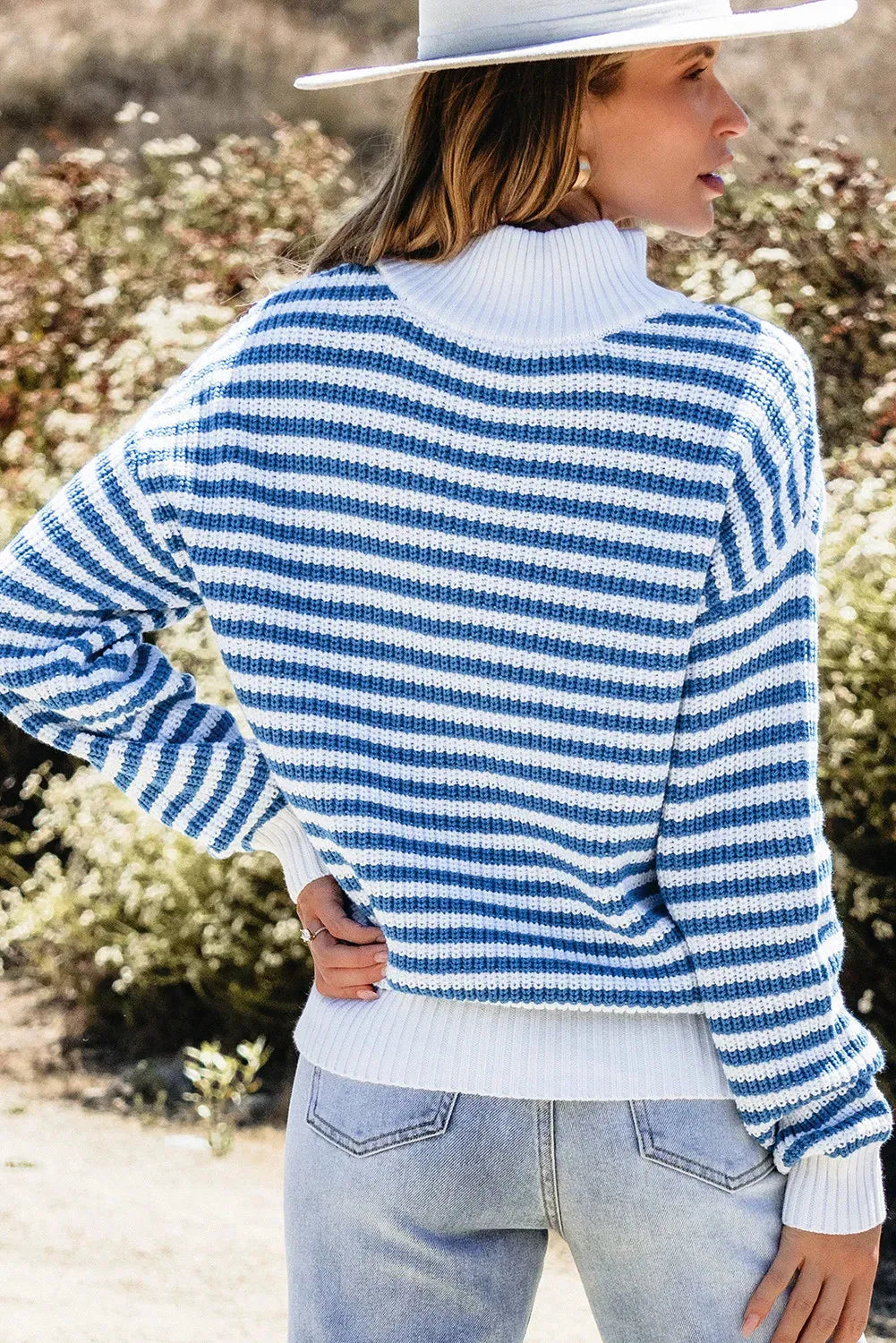 Striped Half Zip Long Sleeve Sweater - Wellen Fashion