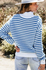 Striped Half Zip Long Sleeve Sweater - Wellen Fashion