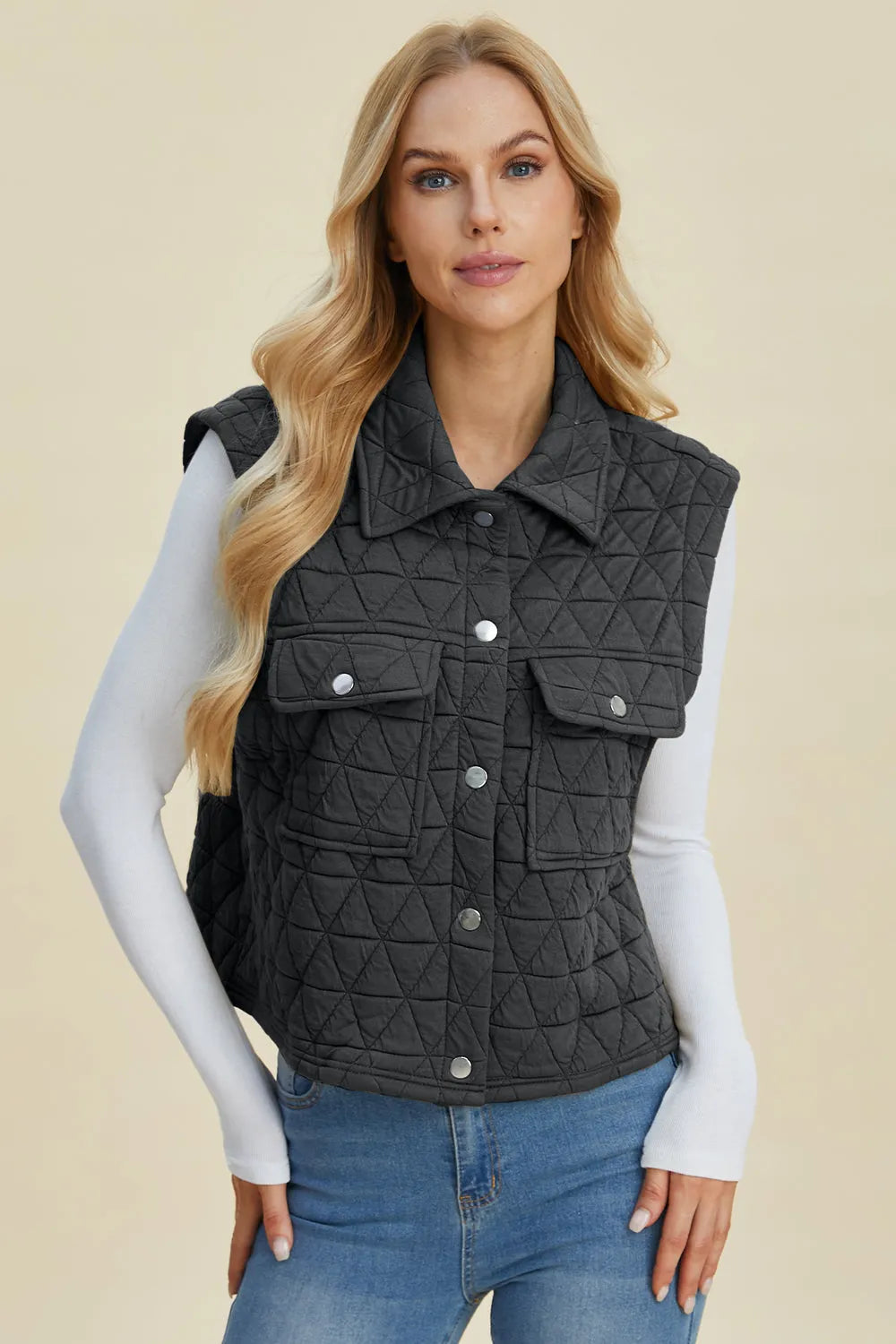 Double Take Full Size Pocketed Texture Snap Down Vest Coat - Wellen Fashion