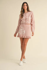 MABLE Floral Embroidered Crop Cardigan and Ruffled Mini Skirt Set - Wellen Fashion