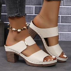 PU Leather Block Heel Sandals - Wellen Fashion