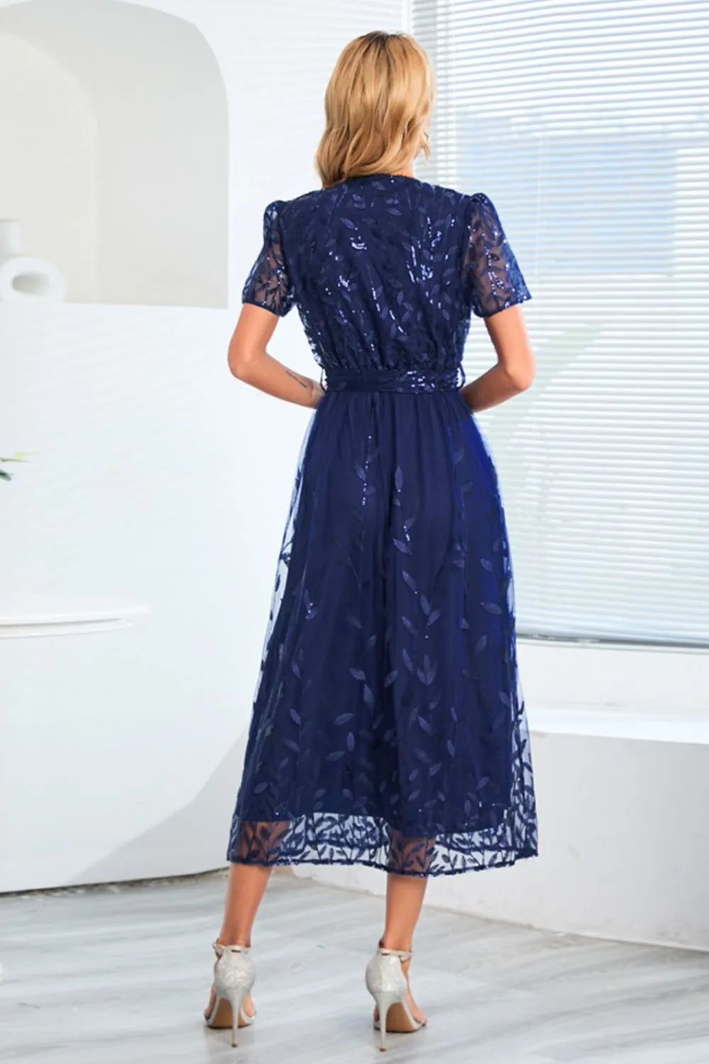 Sequin Leaf Embroidery Tie Front Short Sleeve Dress - Wellen Fashion