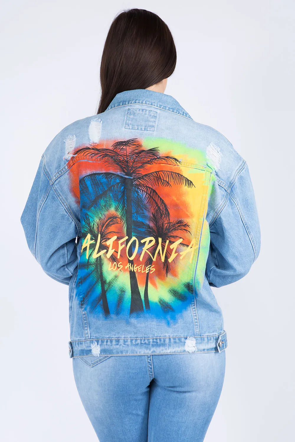 American Bazi Full Size Painted Back Distressed Denim Jacket - Wellen Fashion