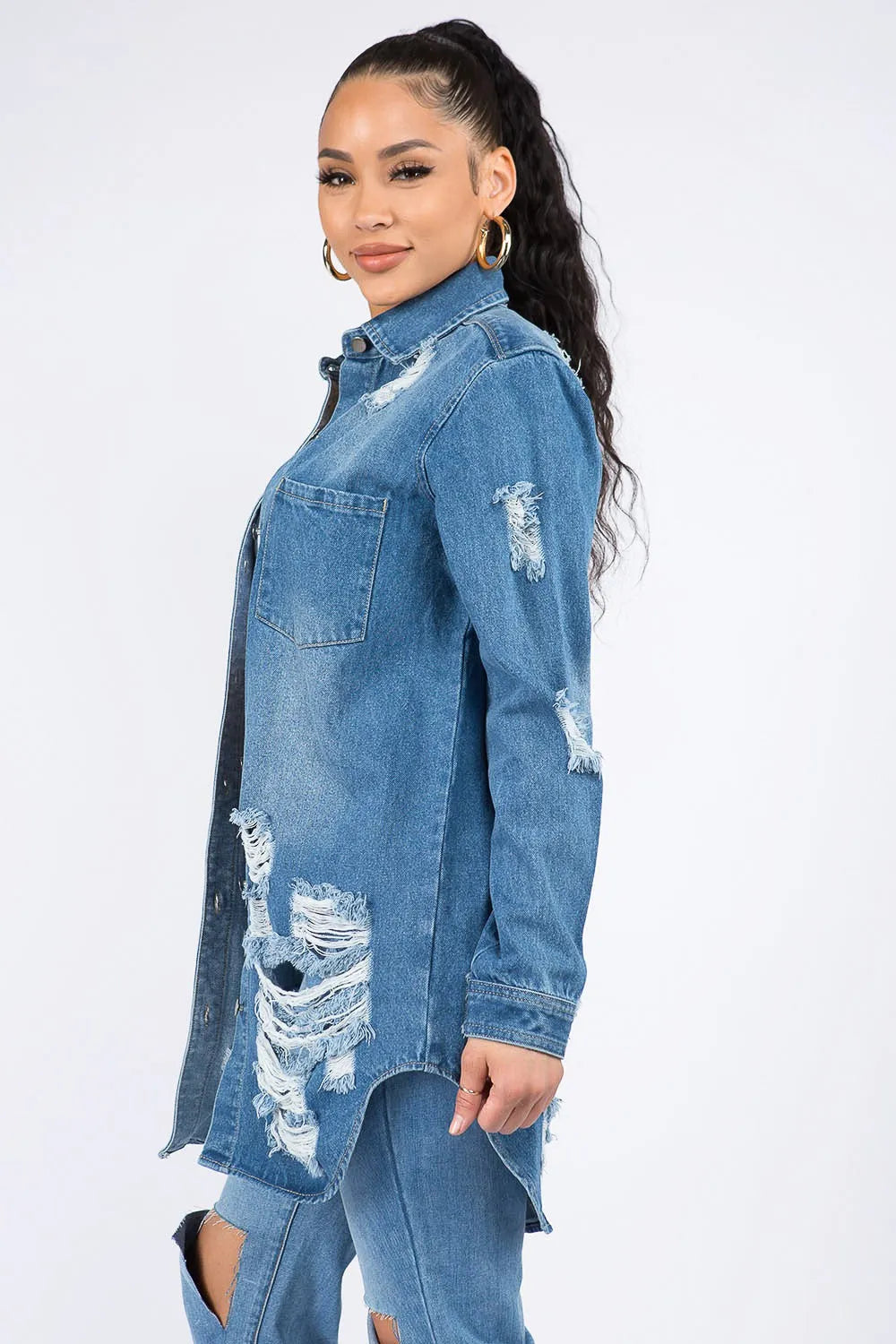 American Bazi Distressed Button Down Denim Shirt Jacket - Wellen Fashion