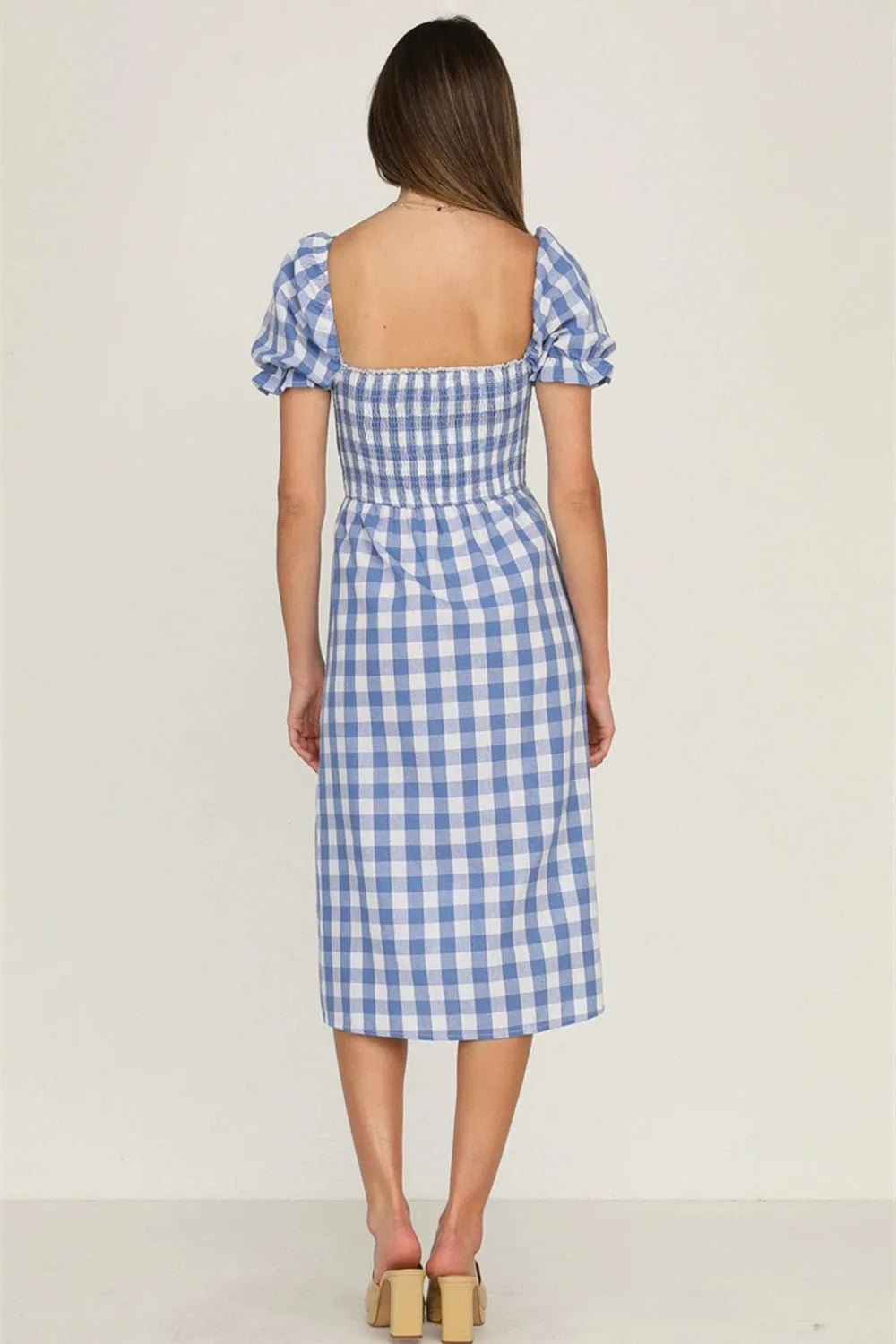 Full Size Slit Plaid Short Sleeve Midi Dress - Wellen Fashion