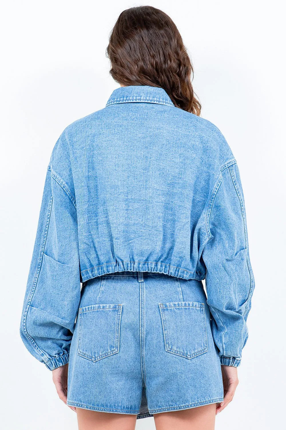 American Bazi Drawstring Waist Crop Denim Jacket - Wellen Fashion