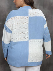 Plus Size Openwork Color Block Long Sleeve Sweater - Wellen Fashion